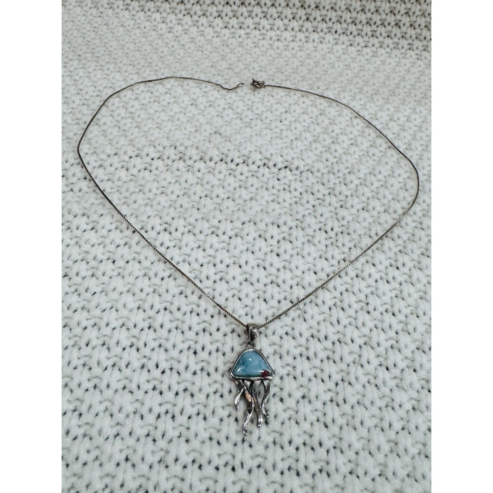 925 Sterling Silver 16" Blue Stone Jellyfish Pendant Necklace